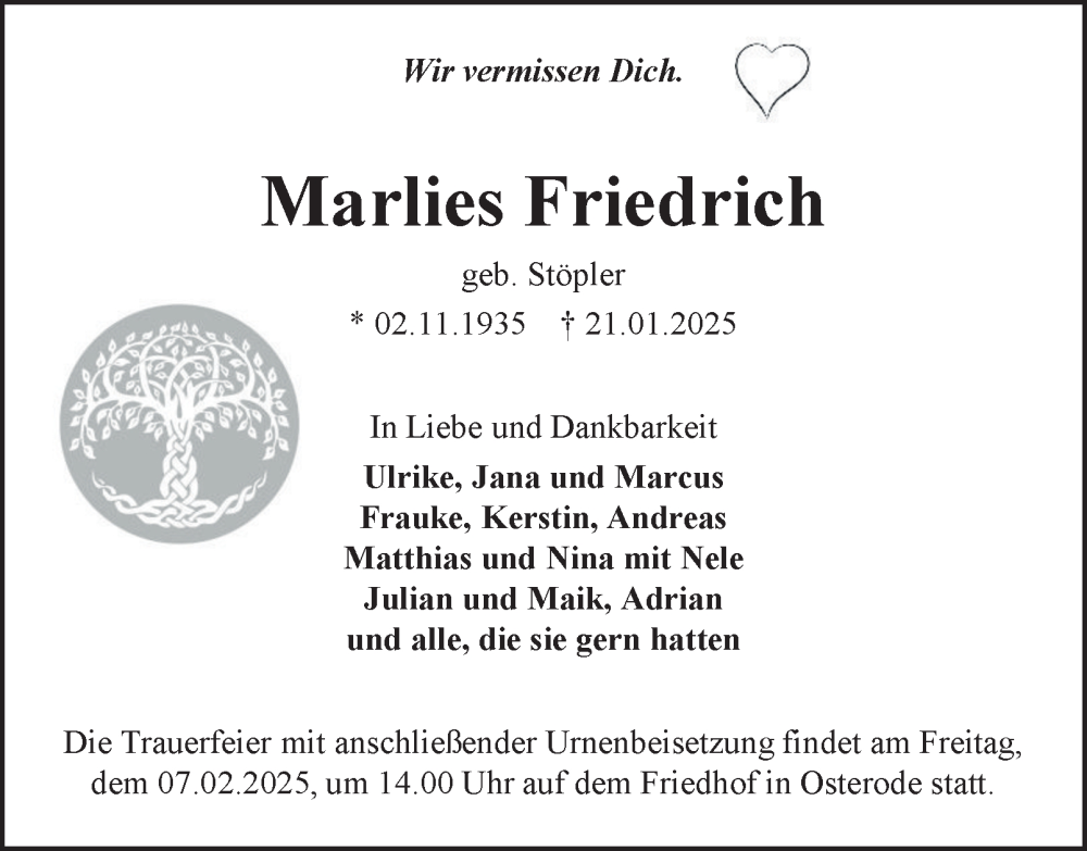  Traueranzeige für Marlies Friedrich vom 01.02.2025 aus Harz Kurier