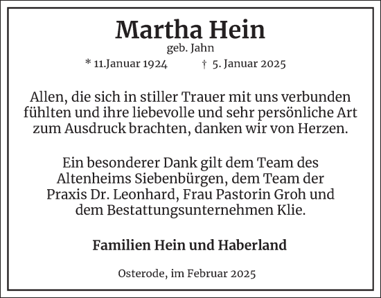 Traueranzeige von Martha Hein von Harz Kurier
