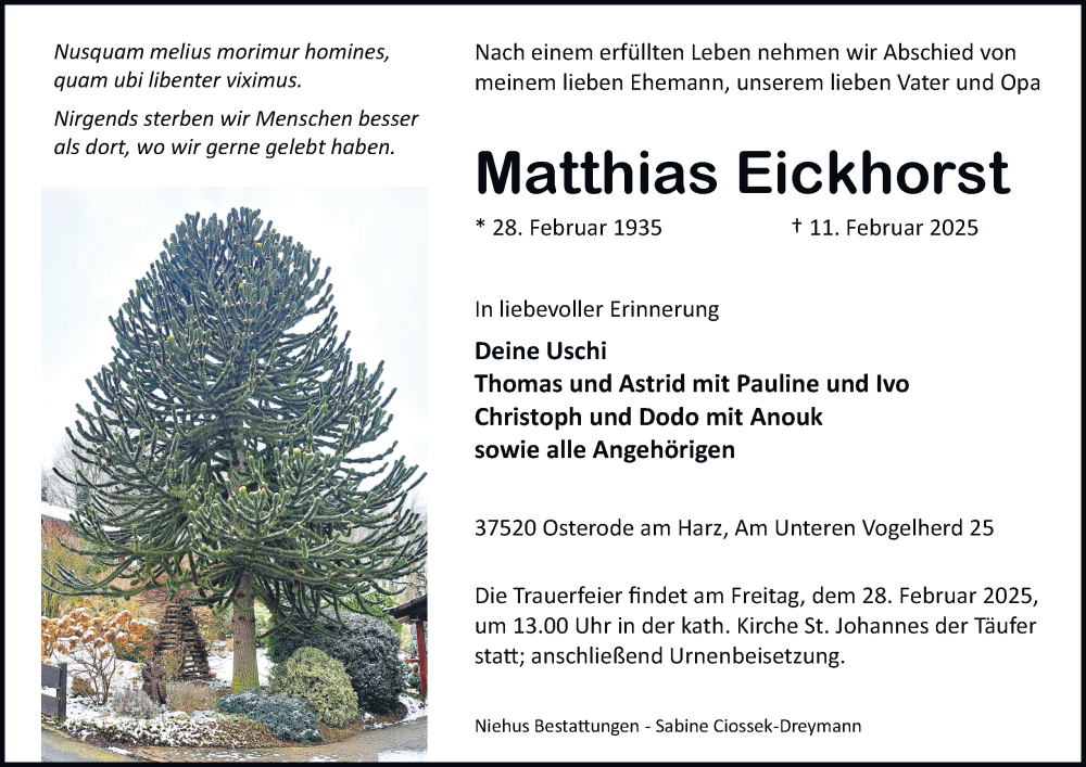  Traueranzeige für Matthias Eickhorst vom 22.02.2025 aus Harz Kurier