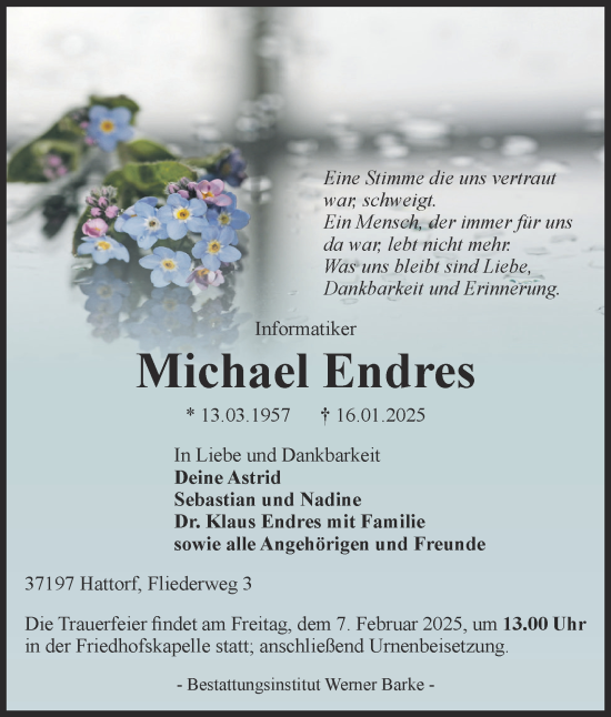 Traueranzeige von Michael Endres von Harz Kurier
