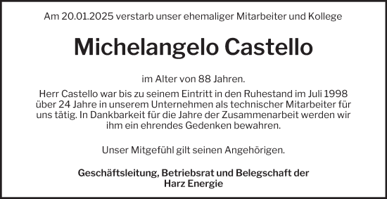 Traueranzeige von Michelangelo Castello von Harz Kurier