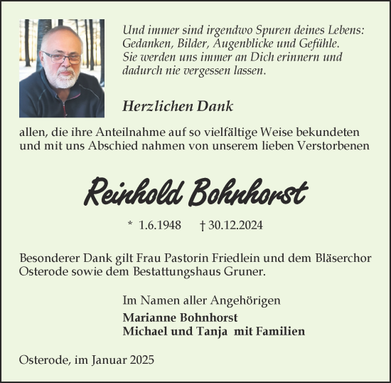 Traueranzeige von Reinhold Bohnhorst von Harz Kurier