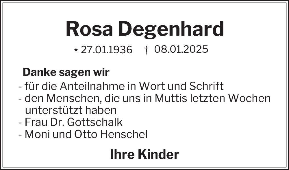  Traueranzeige für Rosa Degenhard vom 01.02.2025 aus Harz Kurier