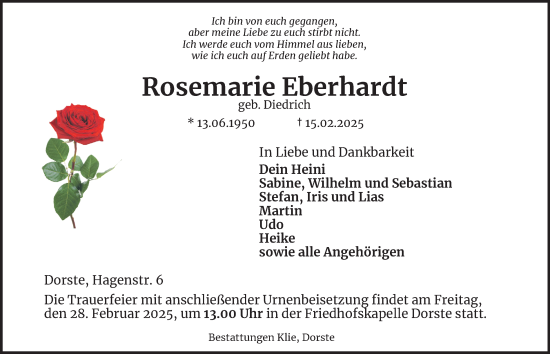 Traueranzeige von Rosemarie Eberhardt von Harz Kurier