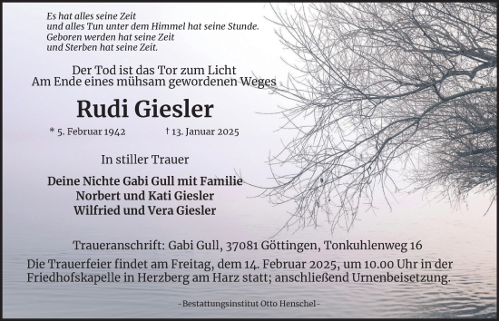 Traueranzeige von Rudi Giesler von Harz Kurier