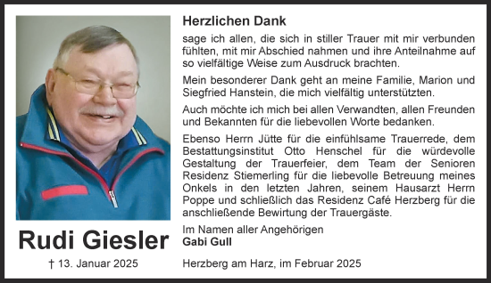 Traueranzeige von Rudi Giesler von Harz Kurier