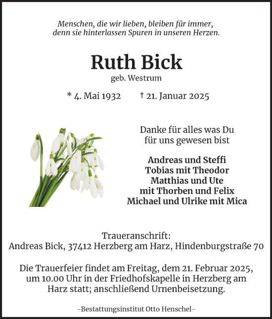 Traueranzeige von Ruth Bick von Harz Kurier