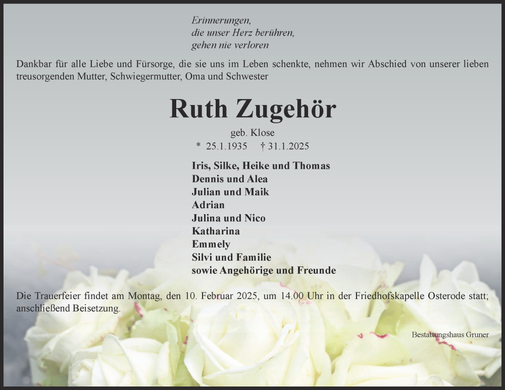  Traueranzeige für Ruth Zugehör vom 08.02.2025 aus Harz Kurier
