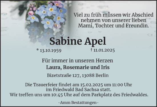 Traueranzeige von Sabine Apel von Harz Kurier