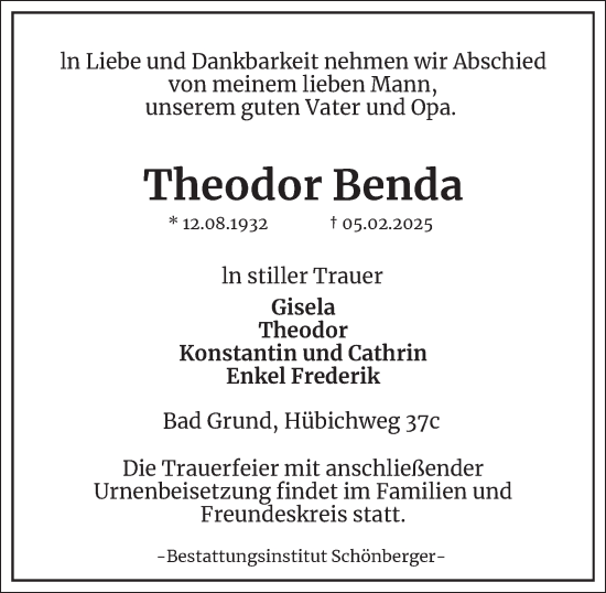 Traueranzeige von Theodor Benda von Harz Kurier