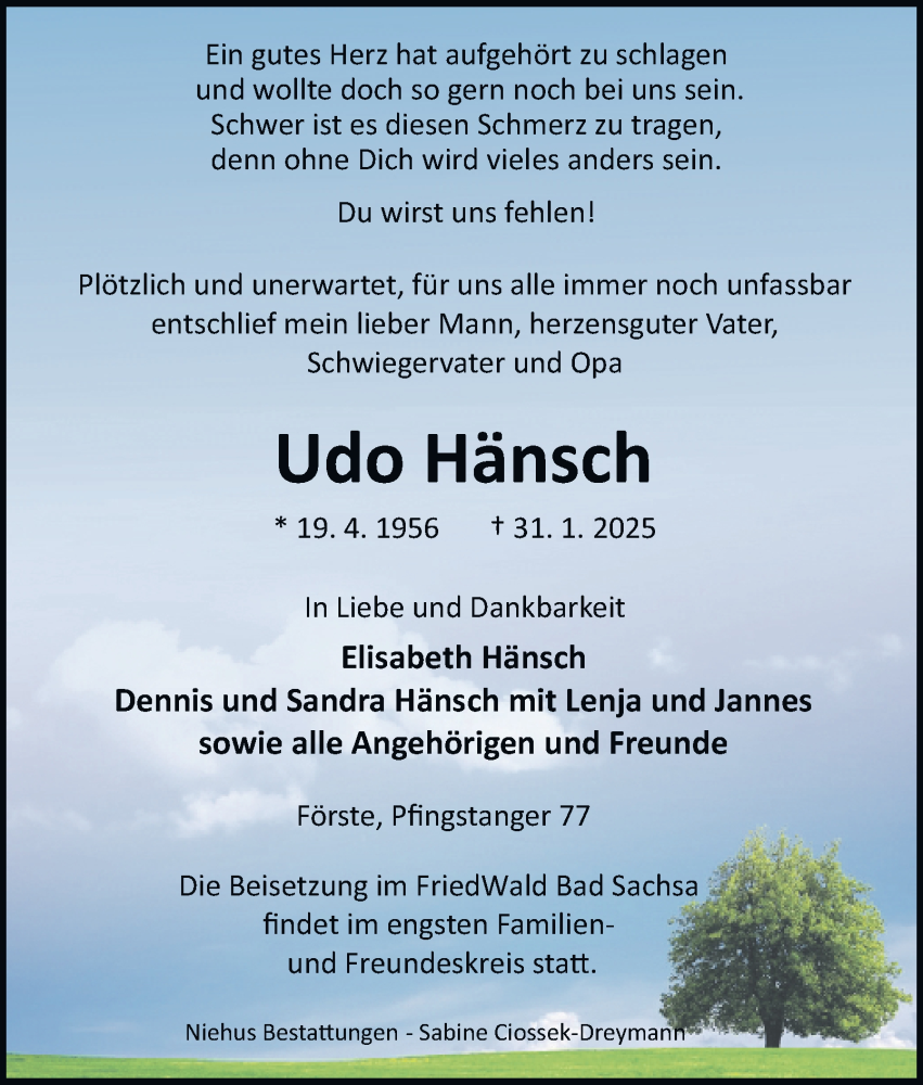  Traueranzeige für Udo Hänsch vom 08.02.2025 aus Harz Kurier
