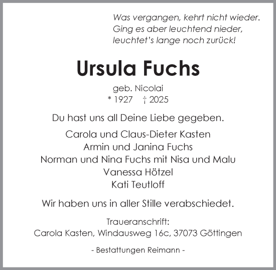 Traueranzeige von Ursula Fuchs von Harz Kurier