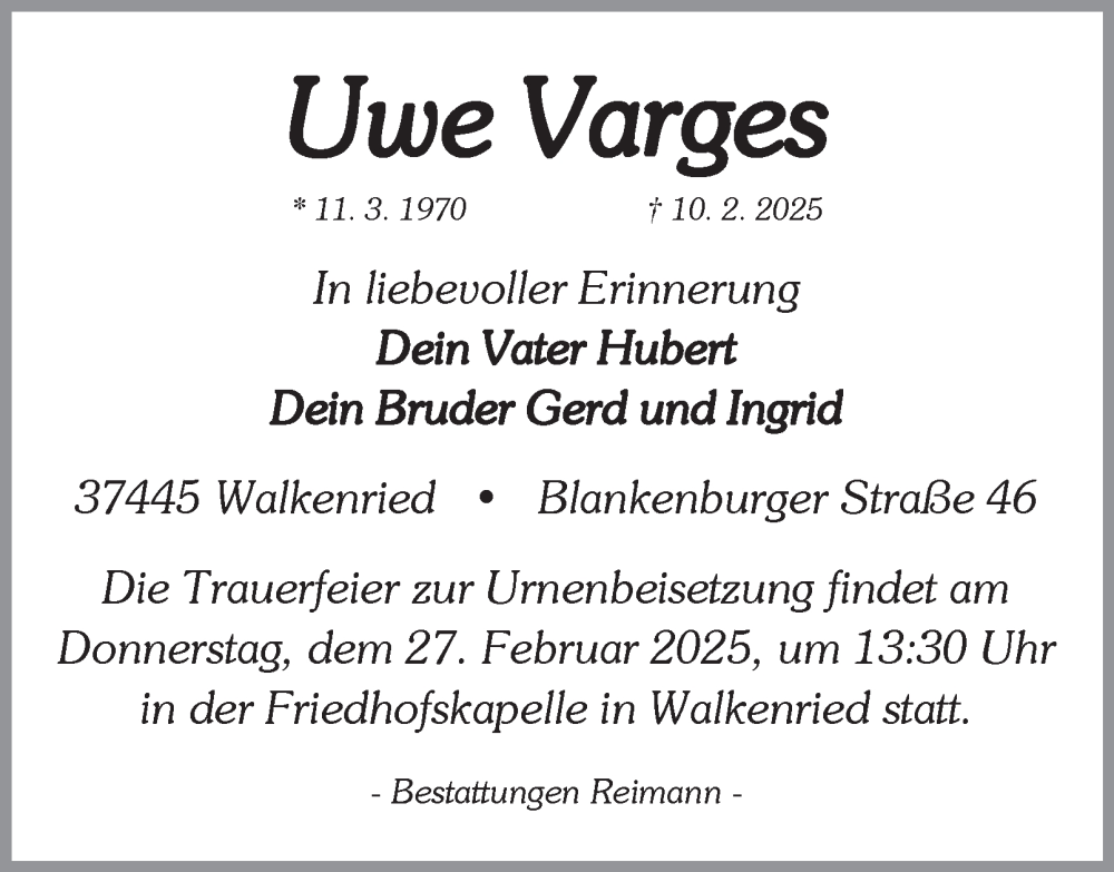  Traueranzeige für Uwe Varges vom 15.02.2025 aus Harz Kurier