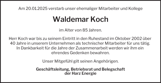Traueranzeige von Waldemar Koch von Harz Kurier