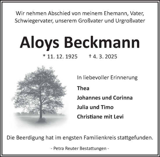 Traueranzeige von Aloys Beckmann von Harz Kurier