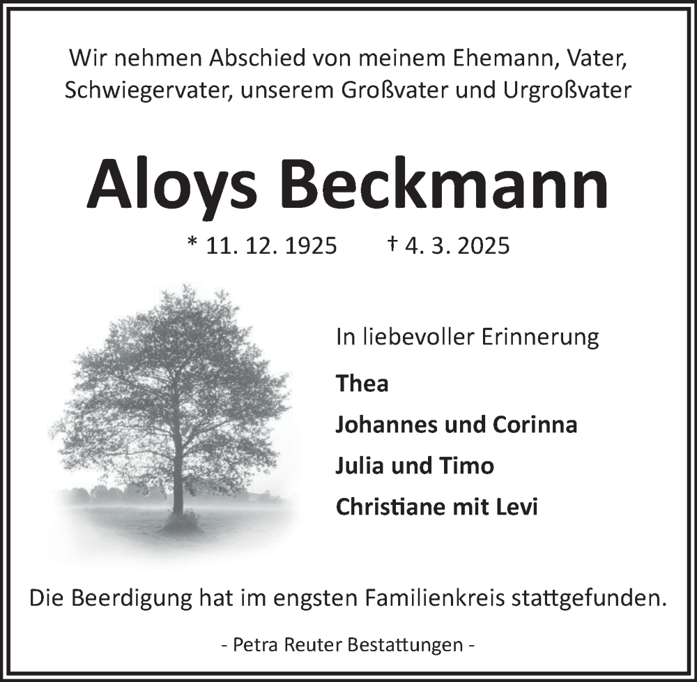  Traueranzeige für Aloys Beckmann vom 22.03.2025 aus Harz Kurier