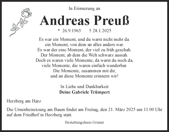 Traueranzeige von Andreas Preuß von Harz Kurier
