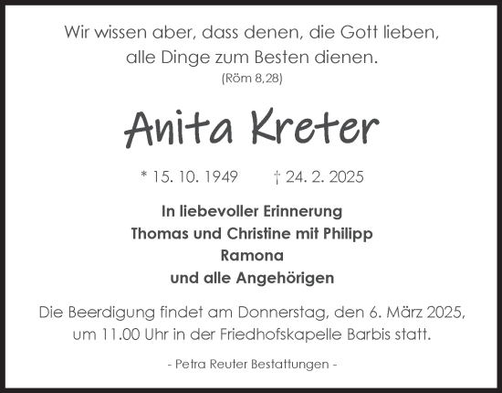 Traueranzeige von Anita Kreter von Harz Kurier