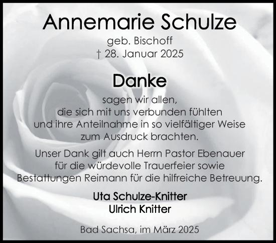 Traueranzeige von Annemarie Schulze von Harz Kurier