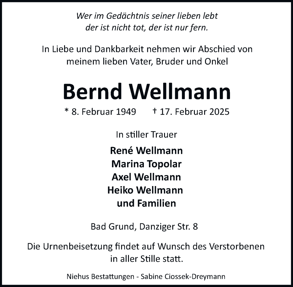  Traueranzeige für Bernd Wellmann vom 01.03.2025 aus Harz Kurier