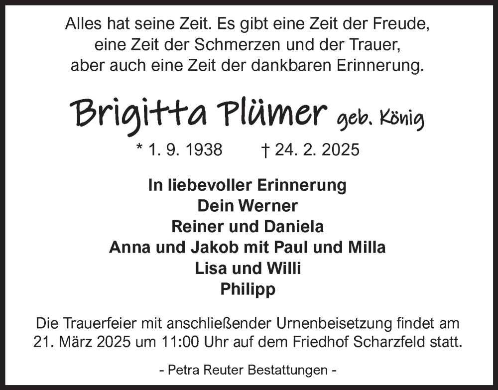  Traueranzeige für Brigitta Plümer vom 08.03.2025 aus Harz Kurier