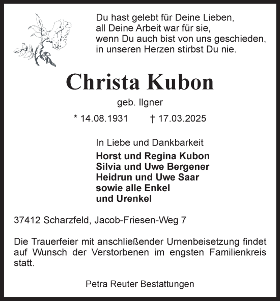 Traueranzeige von Christa Kubon von Harz Kurier