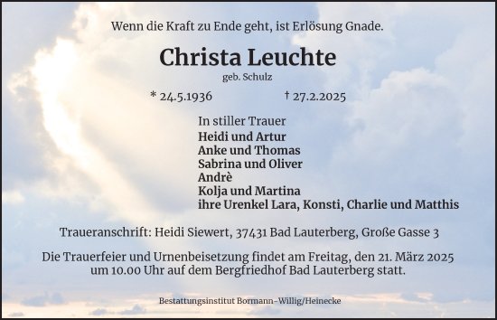 Traueranzeige von Christa Leuchte von Harz Kurier