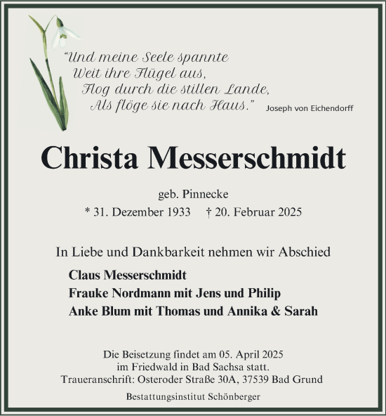 Traueranzeige von Christa Messerschmidt von Harz Kurier