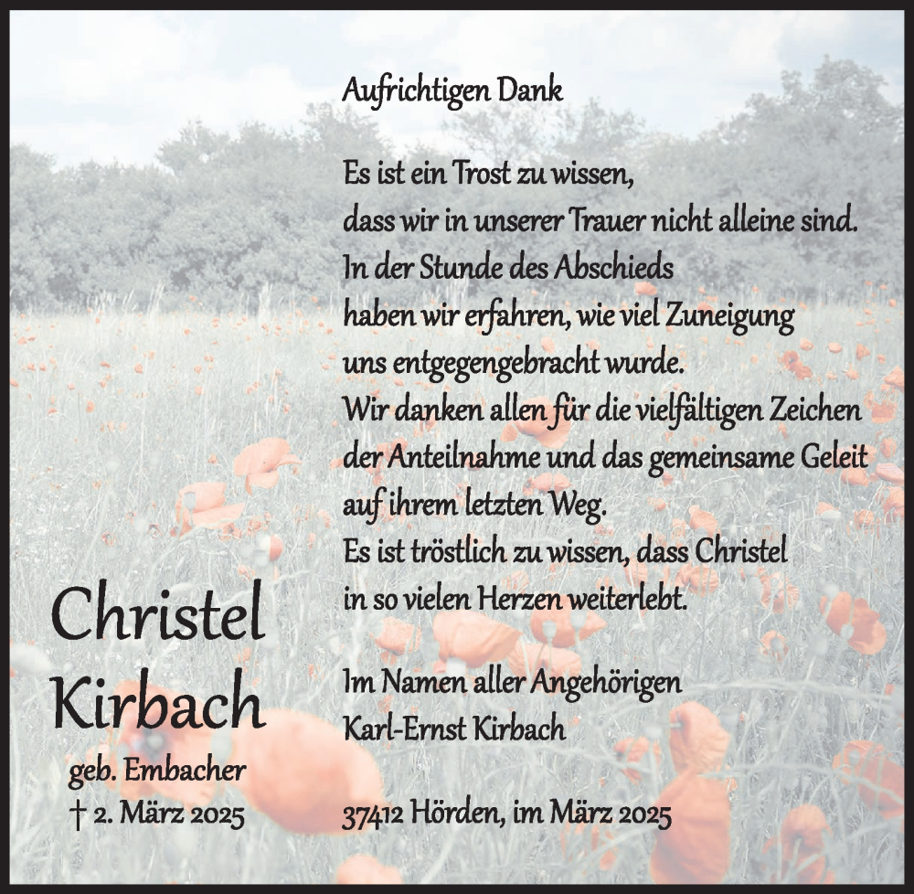 Traueranzeige für Christel Kirbach vom 29.03.2025 aus Harz Kurier
