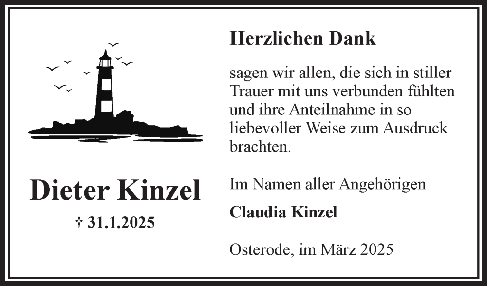  Traueranzeige für Dieter Kinzel vom 01.03.2025 aus Harz Kurier