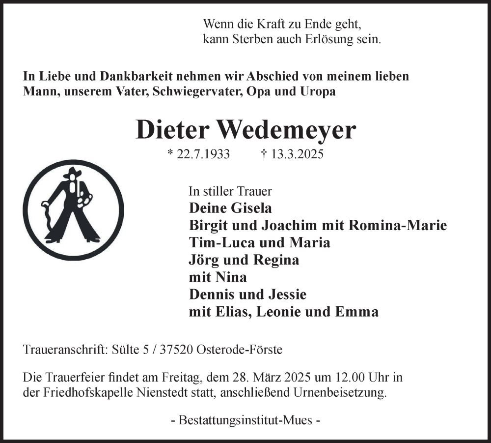  Traueranzeige für Dieter Wedemeyer vom 22.03.2025 aus Harz Kurier