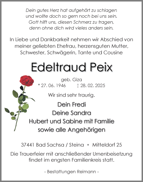 Traueranzeige von Edeltraud Peix von Harz Kurier