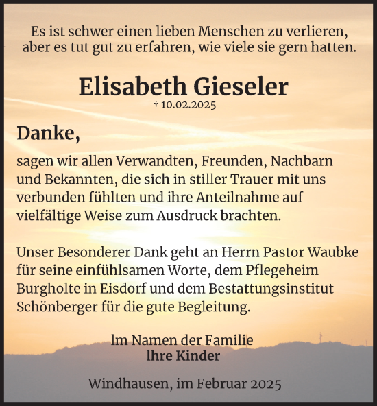 Traueranzeige von Elisabeth Gieseler von Harz Kurier