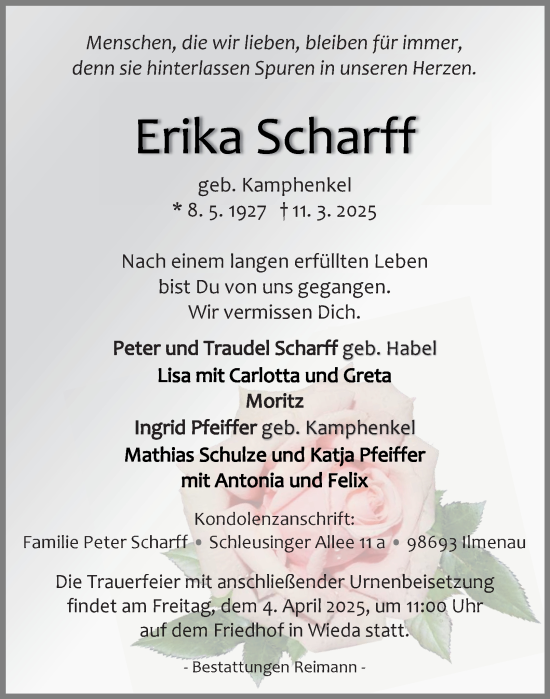 Traueranzeige von Erika Scharff von Harz Kurier