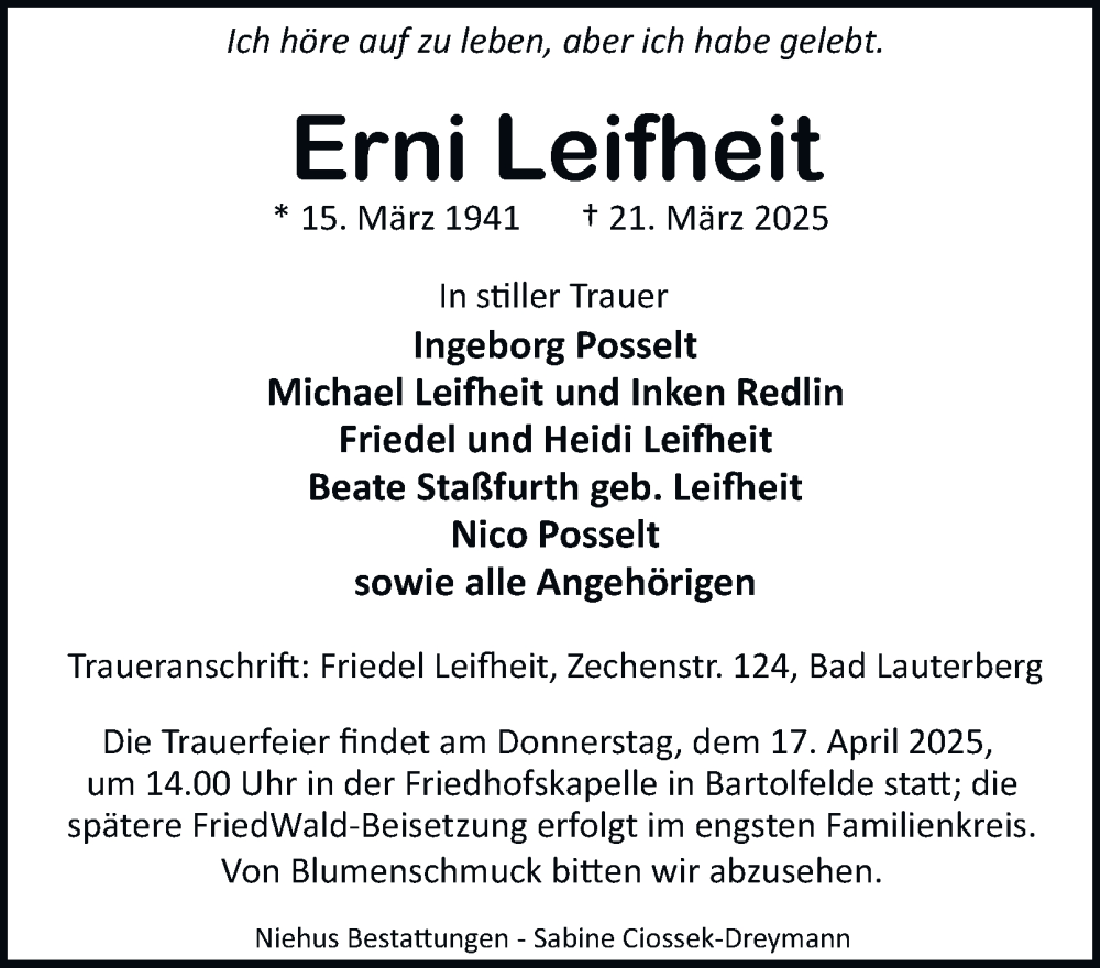  Traueranzeige für Erni Leifheit vom 29.03.2025 aus Harz Kurier