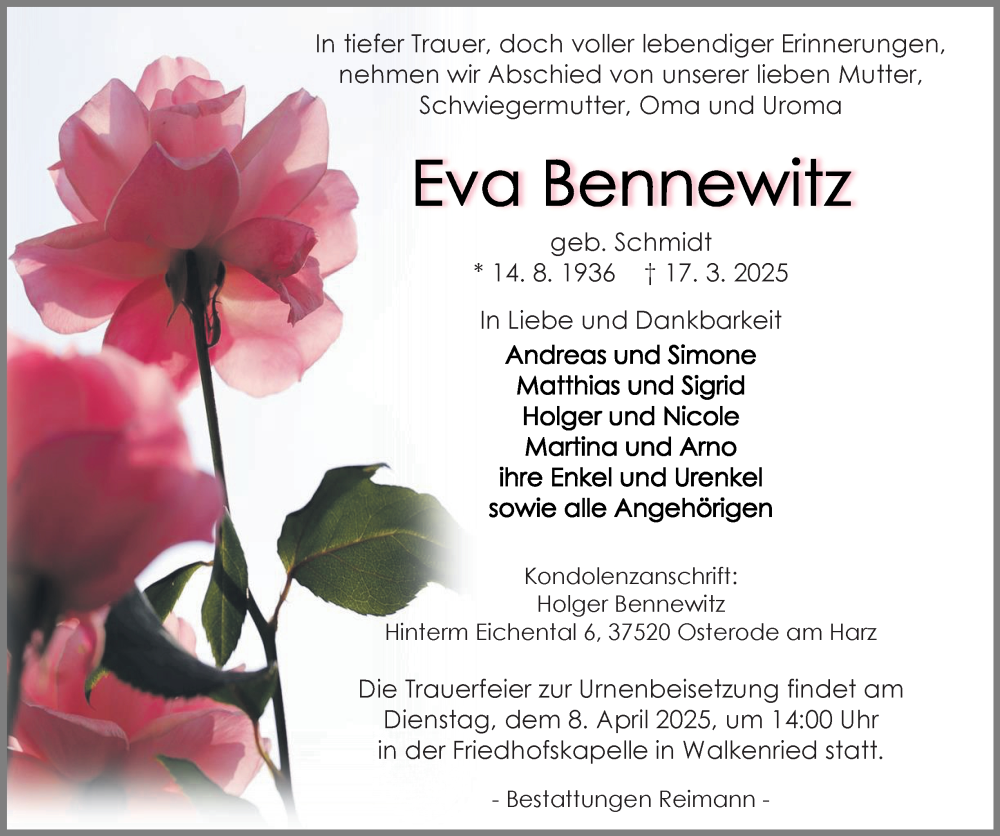  Traueranzeige für Eva Bennewitz vom 29.03.2025 aus Harz Kurier