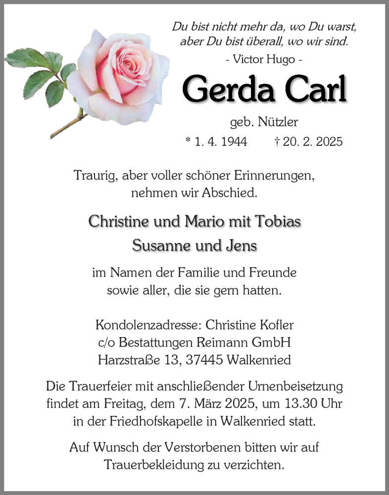 Traueranzeige für Gerda Carl vom 01.03.2025 aus Harz Kurier