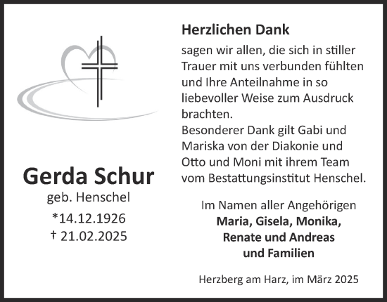 Traueranzeige von Gerda Schur von Harz Kurier