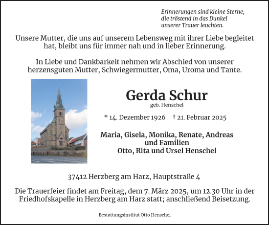 Traueranzeige von Gerda Schur von Harz Kurier