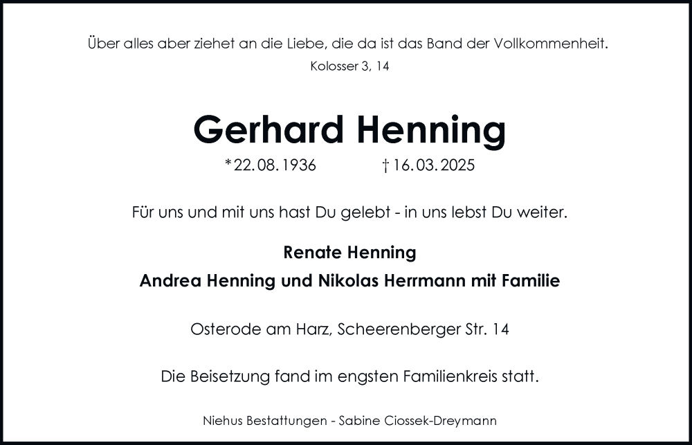  Traueranzeige für Gerhard Henning vom 22.03.2025 aus Harz Kurier