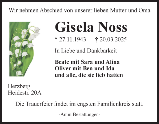 Traueranzeige von Gisela Noss von Harz Kurier
