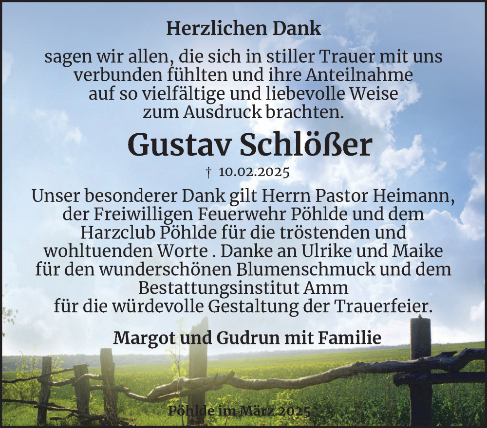  Traueranzeige für Gustav Schlößer vom 22.03.2025 aus Harz Kurier