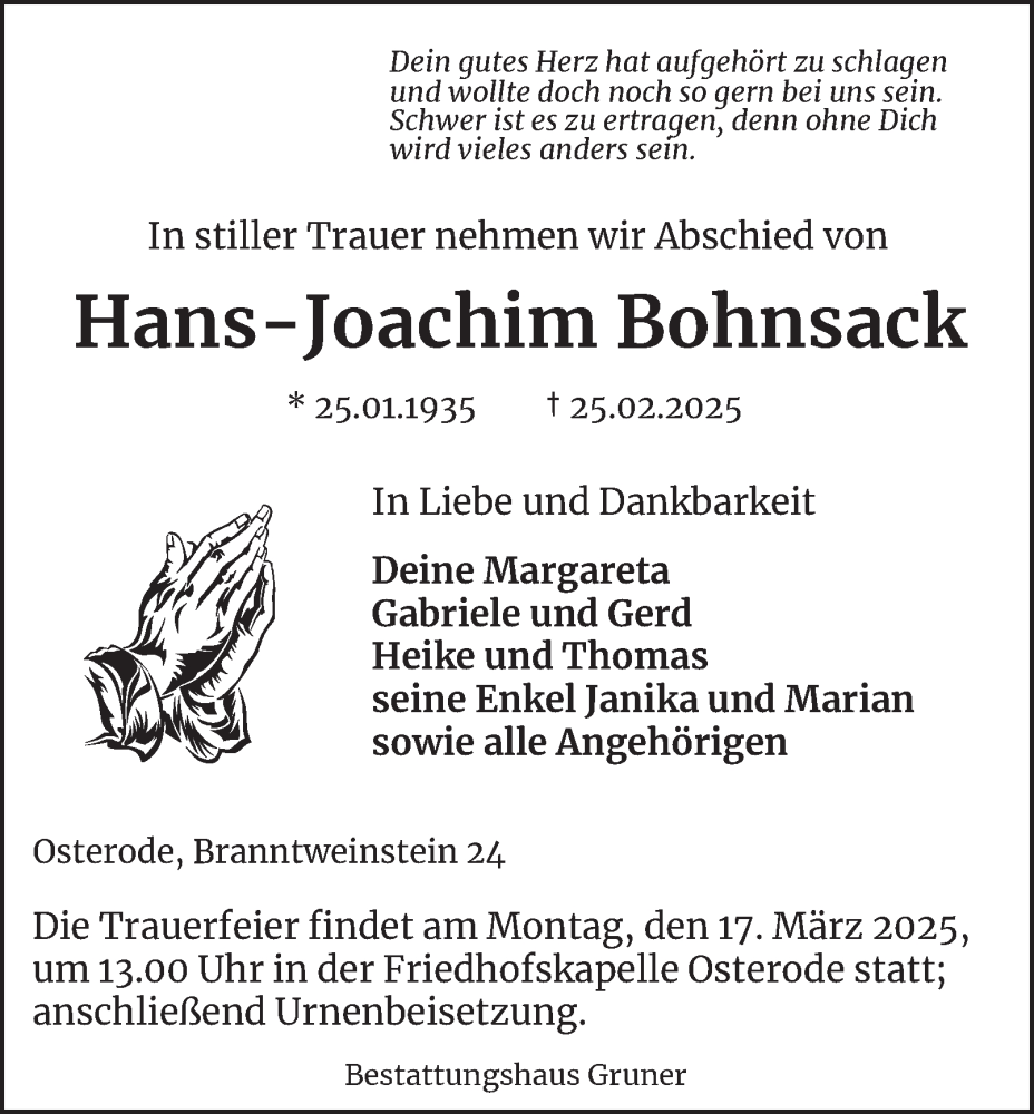  Traueranzeige für Hans-Joachim Bohnsack vom 08.03.2025 aus Harz Kurier