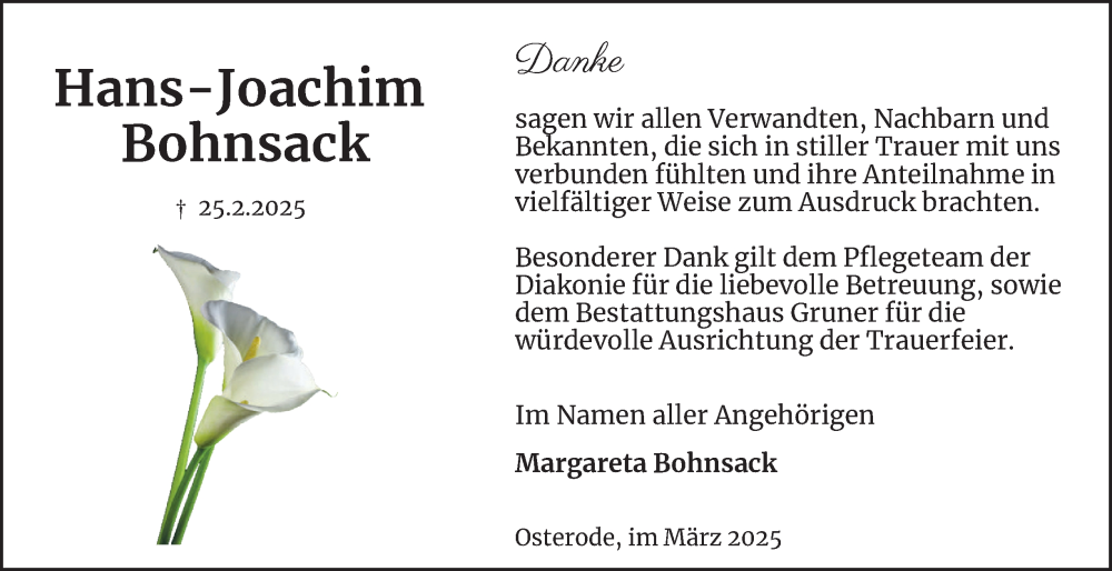  Traueranzeige für Hans-Joachim Bohnsack vom 29.03.2025 aus Harz Kurier