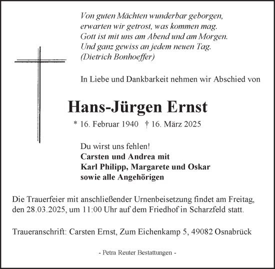 Traueranzeige von Hans-Jürgen Ernst von Harz Kurier