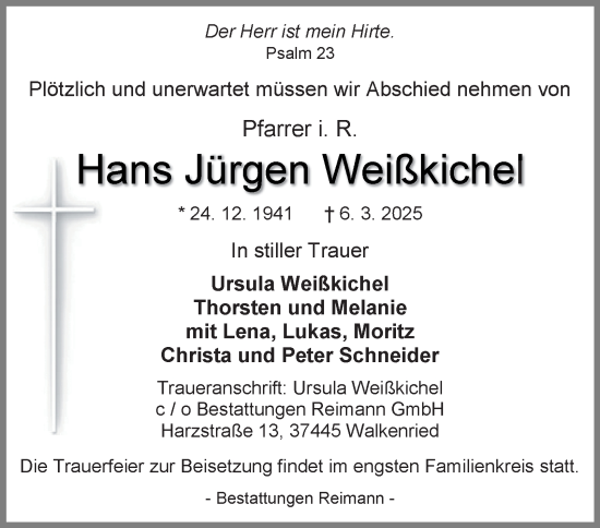 Traueranzeige von Hans Jürgen Weißkichel von Harz Kurier