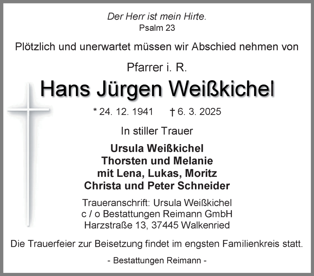  Traueranzeige für Hans Jürgen Weißkichel vom 15.03.2025 aus Harz Kurier
