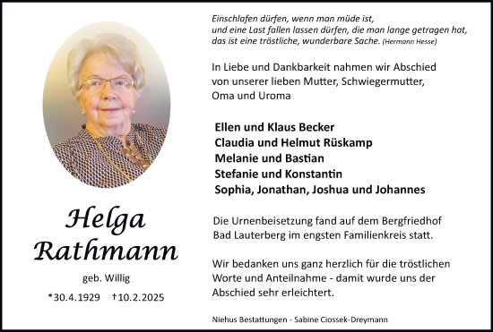 Traueranzeige von Helga Rathmann von Harz Kurier