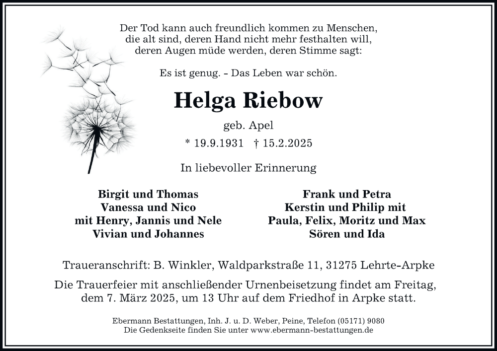  Traueranzeige für Helga Riebow vom 01.03.2025 aus Harz Kurier