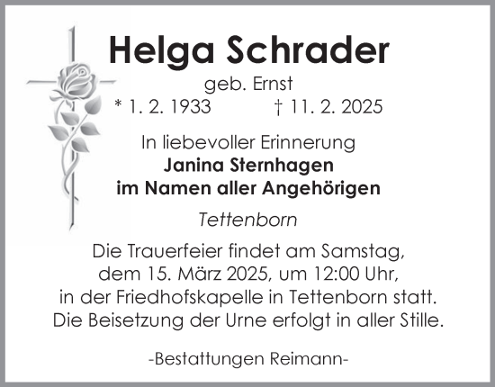 Traueranzeige von Helga Schrader von Harz Kurier